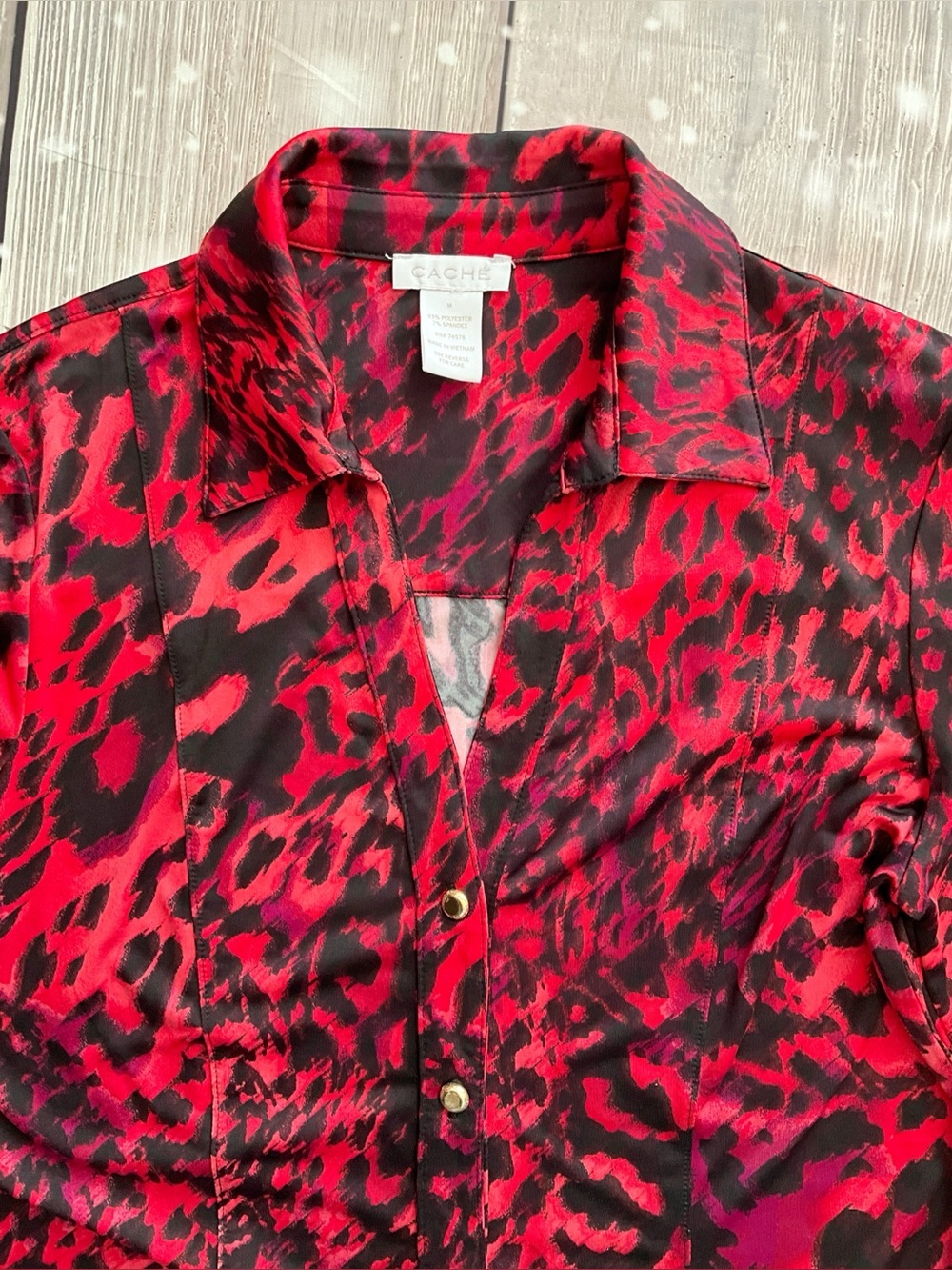 Cache Vintage Buttondown Red Leopard Print Blouse Long Sleeves - Picture 8 of 11